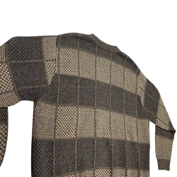 David Taylor Mens XXL Brown Pullover Sweater Knitted Checkerboard Crew Neck 90s - Picture 12 of 16